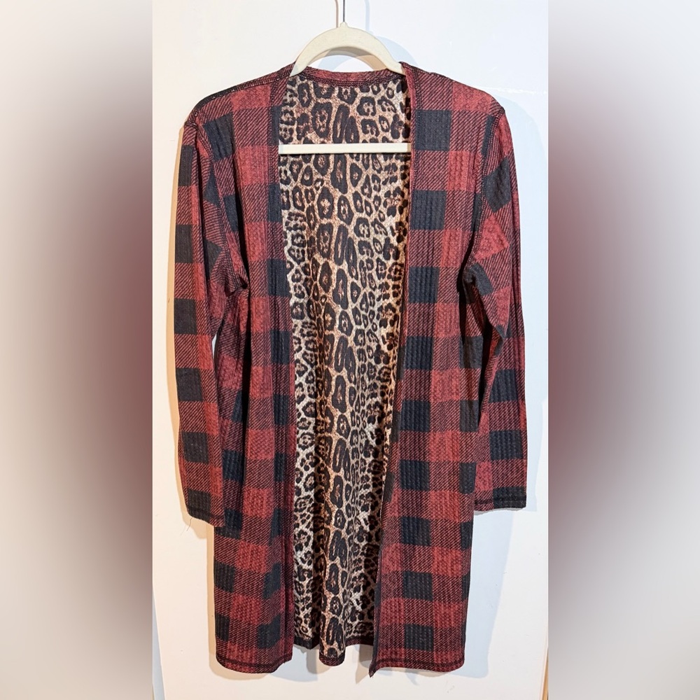 Reversible Buffalo Plaid/Leopard Cardigan